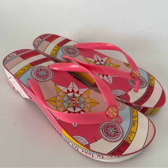 Tory Burch Shoes - Tory Burch Printed Carved Wedge Flip-flop in Pink Paradise Constellation
